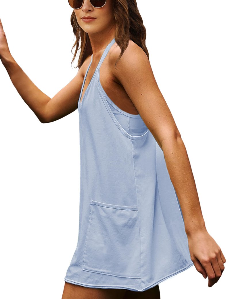 Lentta Womens Athletic Sleeveless Mini Dress with Built-in Shorts V Neck Spaghetti Strap Sundress(OxygenBlue-S)
