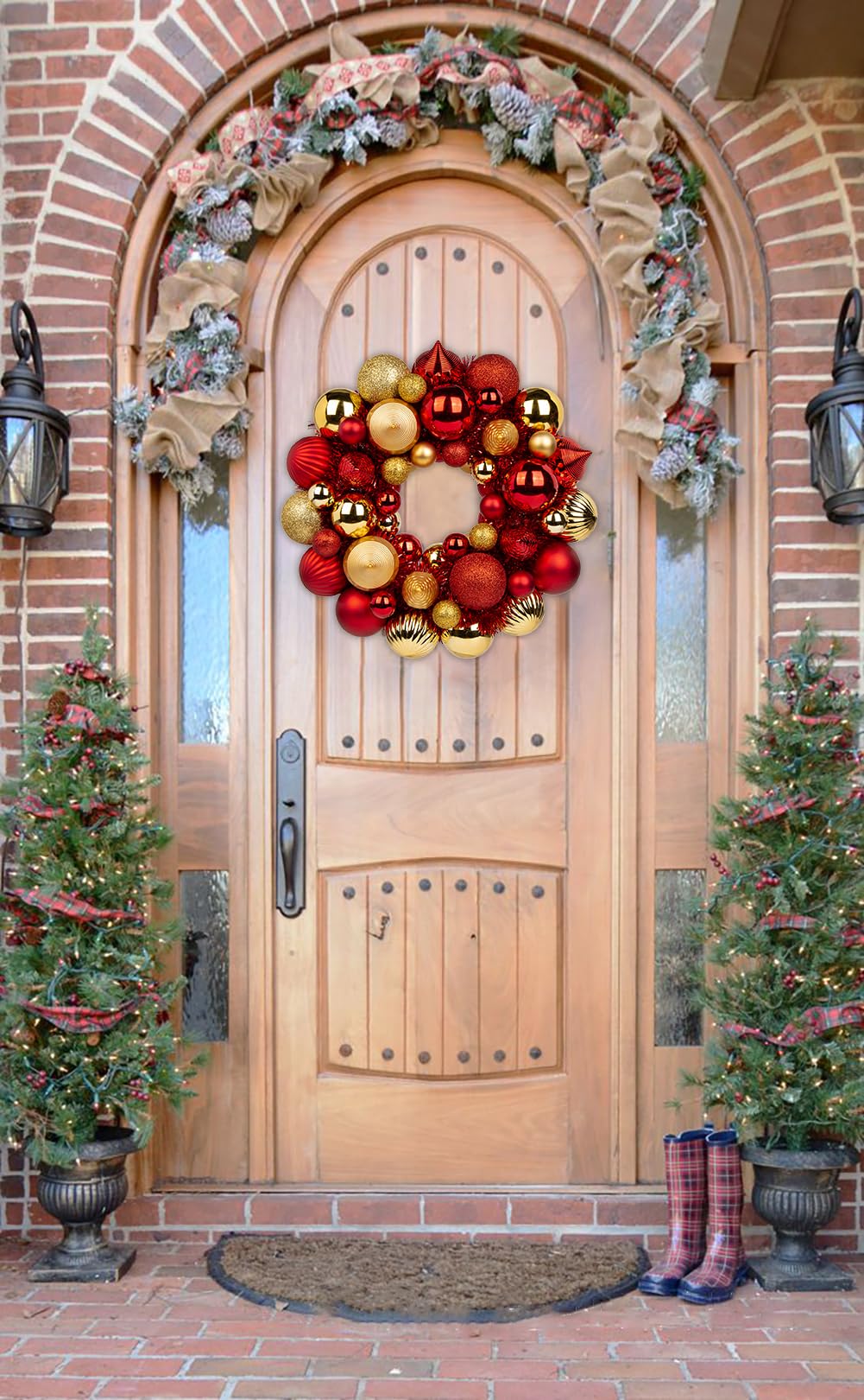 Christmas Ball Wreath 13" Xmas Wreaths Ornaments Glitter Thicken Shatterproof Garland Decoration for Door Wall Mantel Holiday Party Decor, Gold & Red