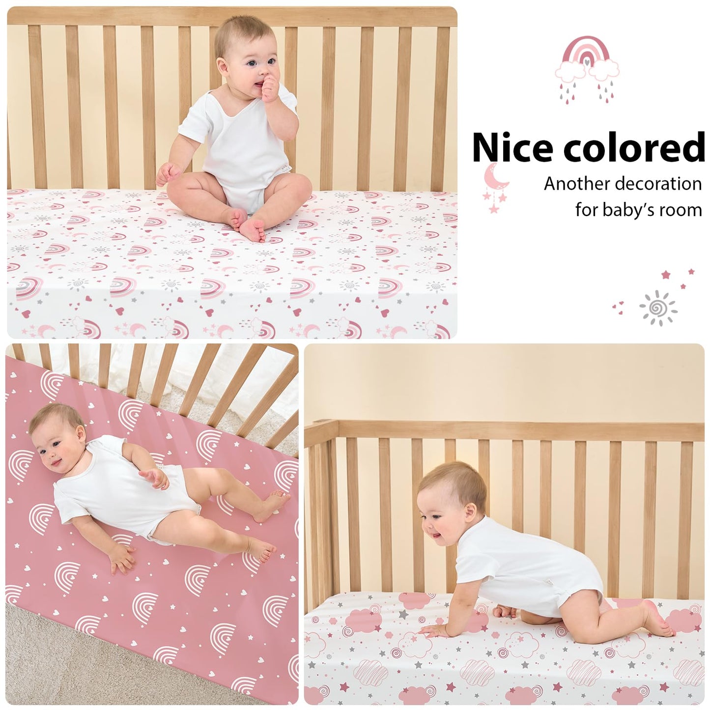 FIEMOL Baby Crib Sheets Girl, 3 Pack Toddler Bed Sheets Fitted for 52”x28” Standard Crib and Toddler Mattresses, Super Soft Microfiber Pink Rainbow