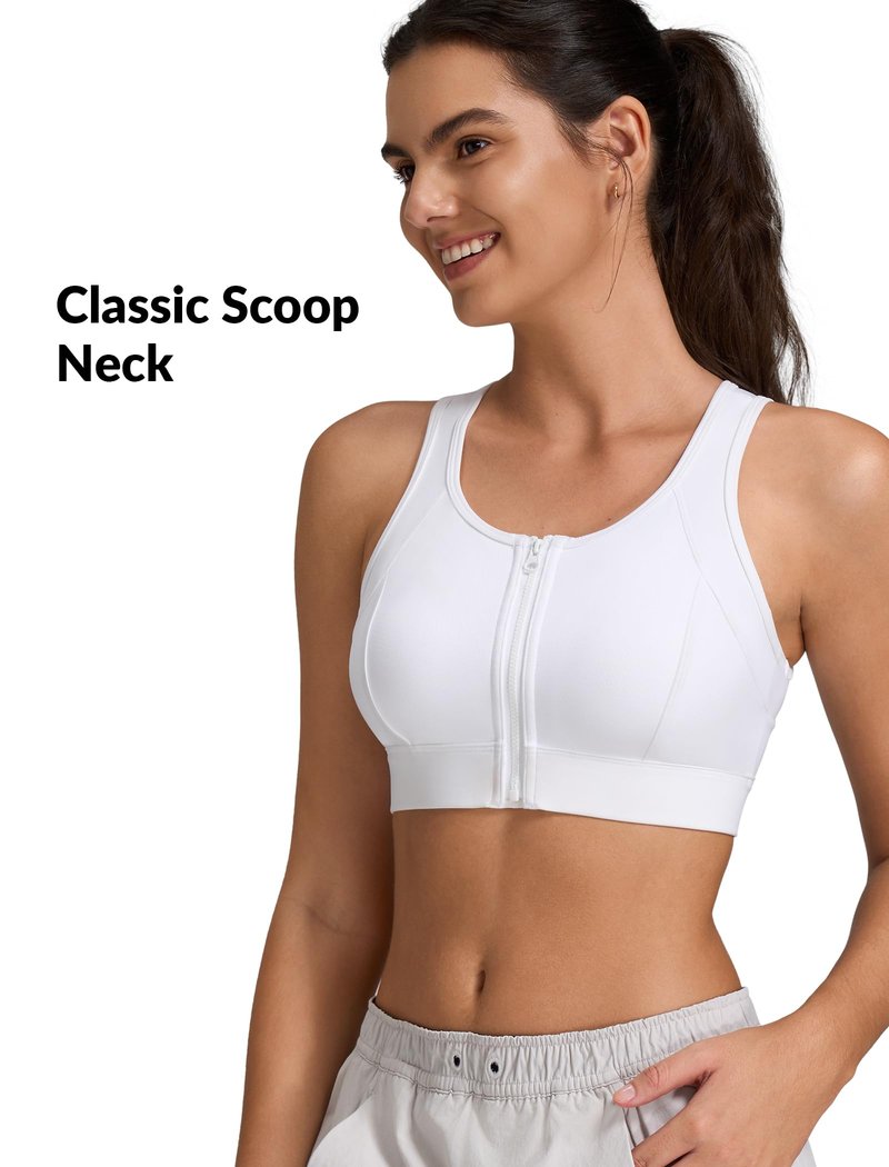Yvette Front Zip Sports Bras for Women High Impact Supportive Mesh Back Bra for Running, White, L+