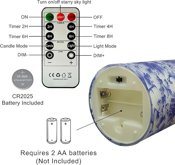 Printed Flameless Candles with String Lights - Set of 3 Blue and White Battery Operated Candle Flickering Floral LED Pillar Candles with Timer Remote for Home Decor Romantic Ambiance,BW