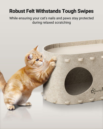 DownyPaws Cat House for Indoor Cats, Cat Bed Cave for Multiple & Large Cats Up to 22 Lbs, Scratch Resistant Peekaboo Cat Caves, Foldable Cat Tunnel Enclosed Bed, PeekaPurr, Cream