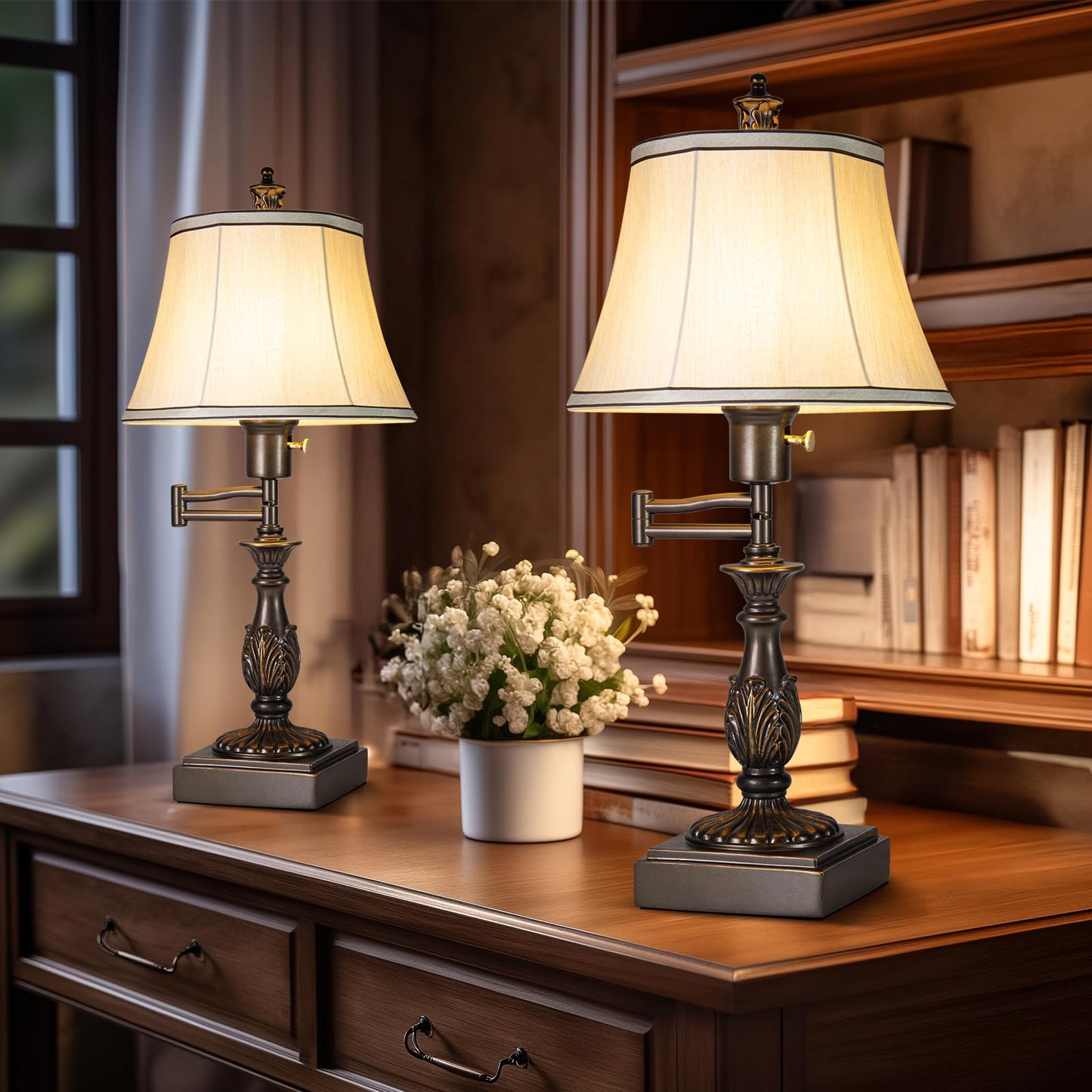 23.5" High Rustic Traditional 350° Adjustable Swing Arm Table Lamp Set of 2 with USB A+C Ports Brown Finish Cream Shade Vintage Nightstand lamp for Living Room Bedroom Office (Bulb Included)