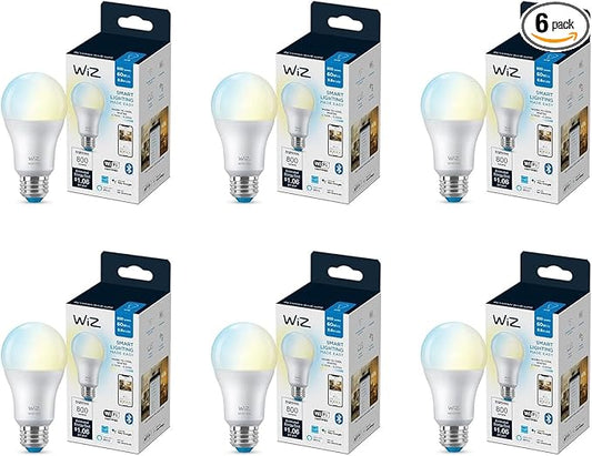 WiZ 60W A19 Tunable White LED Smart Bulb - Pack of 6 - E26- Indoor - Connects to Your Existing Wi-Fi - Control with Voice or App + Activate with Motion - Matter Compatible