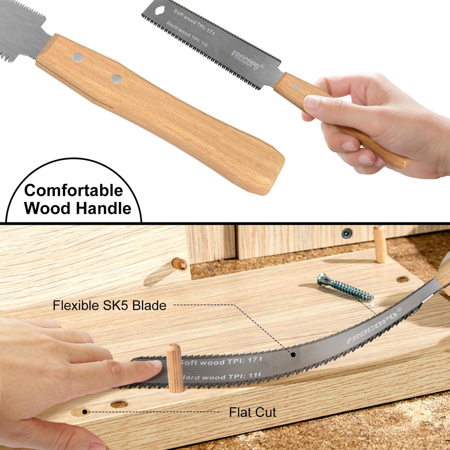 Frocopo Hand Saw Woodworking Tools, 6-Inch Pull Saw, Flexible Double-Edge Blade 17/11 TPI, Japanese Flush Cut for DIY Craft, Non-Slip Wood Handle, Sharp & Lightweight for Woodworking and Garden Trim