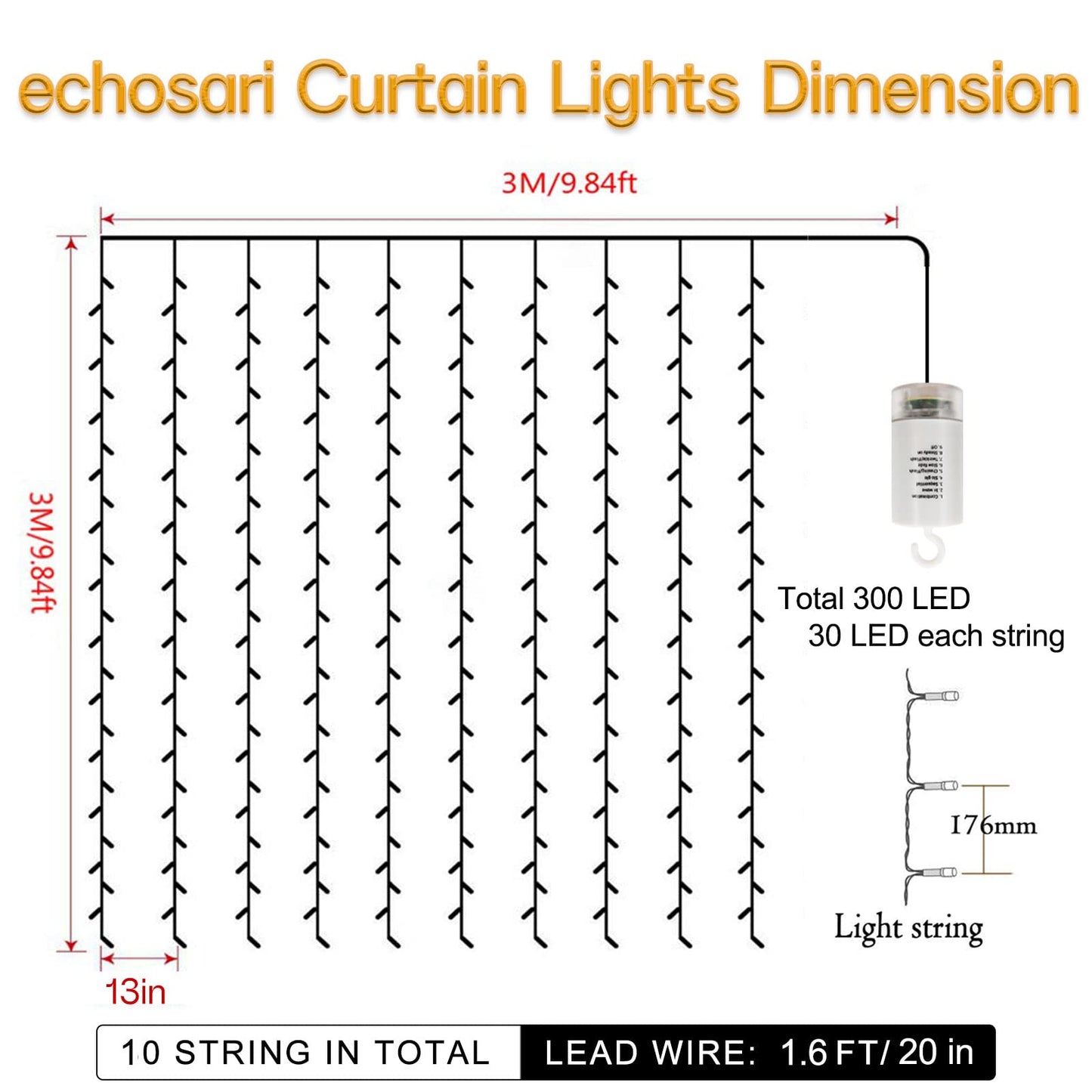 echosari 300 LED Curtain Lights Battery Operated, 9.8ft×9.8ft Hanging Lights with Remote Timer Fairy Curtain Lights for Bedroom Patio Wedding Backdrop Party Decór (Warm White)