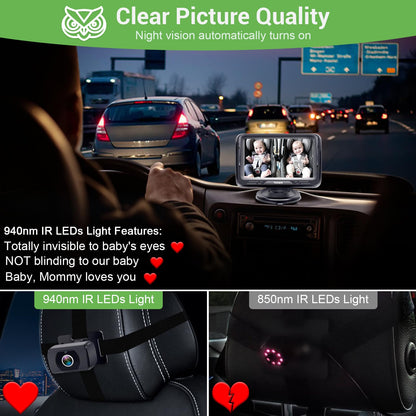 Baby Car Camera HD 1080P Baby Car Mirror 5 Mins Easy Installation Crystal Night Vision Infant Travel Safety Kit Rohent N06, Black, 4.3 Inch Screen