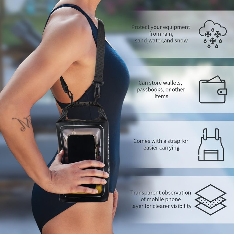 TYUTOSEG IP68 Waterproof Dry Bag, 2L - Roll Top Waterproof Pool Bag，Dry Bags for Kayaking Waterproof-w/Phone Pouch,Large Waterproof Phone Pouch,Boating & Kayak Accessories Camping (Black)