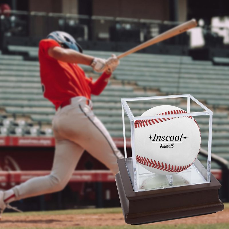 Baseball Display Case, Acrylic Baseball Holder with Wooden Base, UV Protected Acrylic Baseball Display Cube,Baseball Case for Autographed Baseball,Memorabilia Baseball (Wooden Base with Mirror)