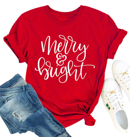 MAIHUN Christmas Shirts Womens Merry and Bright Shirt Xmas Holiday Tshirt Christmas Lights Tee Tops Red
