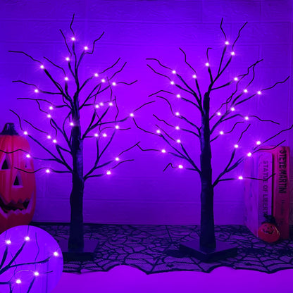 2 Pack 24 Inch Purple Lighted Halloween Birches Tree Decor with Timer Total 48 LED Battery Operated Tabletop Artificial Black Spooky Tree Halloween Decorations for Indoor Home Holiday Party