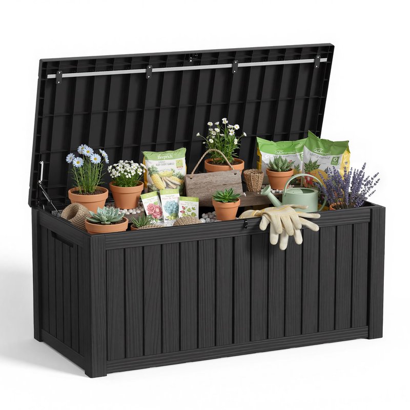 MAIUSCOLI 150 Gallon Outdoor Storage Box Waterproof Outside Resin Deck Box, Lockable Storage Bin for Patio Furniture,Garden Tools,Cushions,Pool Accessories(Black)