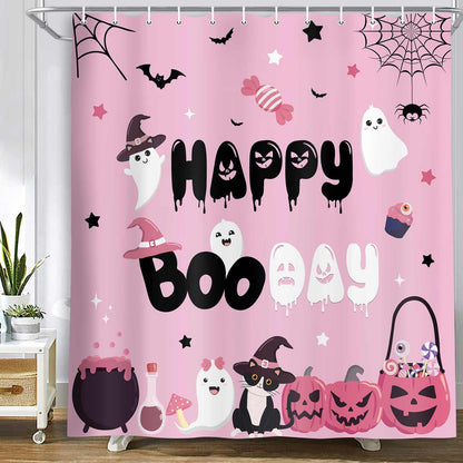 MERCHR Pink Halloween Shower Curtain Cute Ghost Pumpkin Funny Bathroom Curtains Waterproof Polyester Fabric Cloth Bath Curtain Decor 71X71Inch