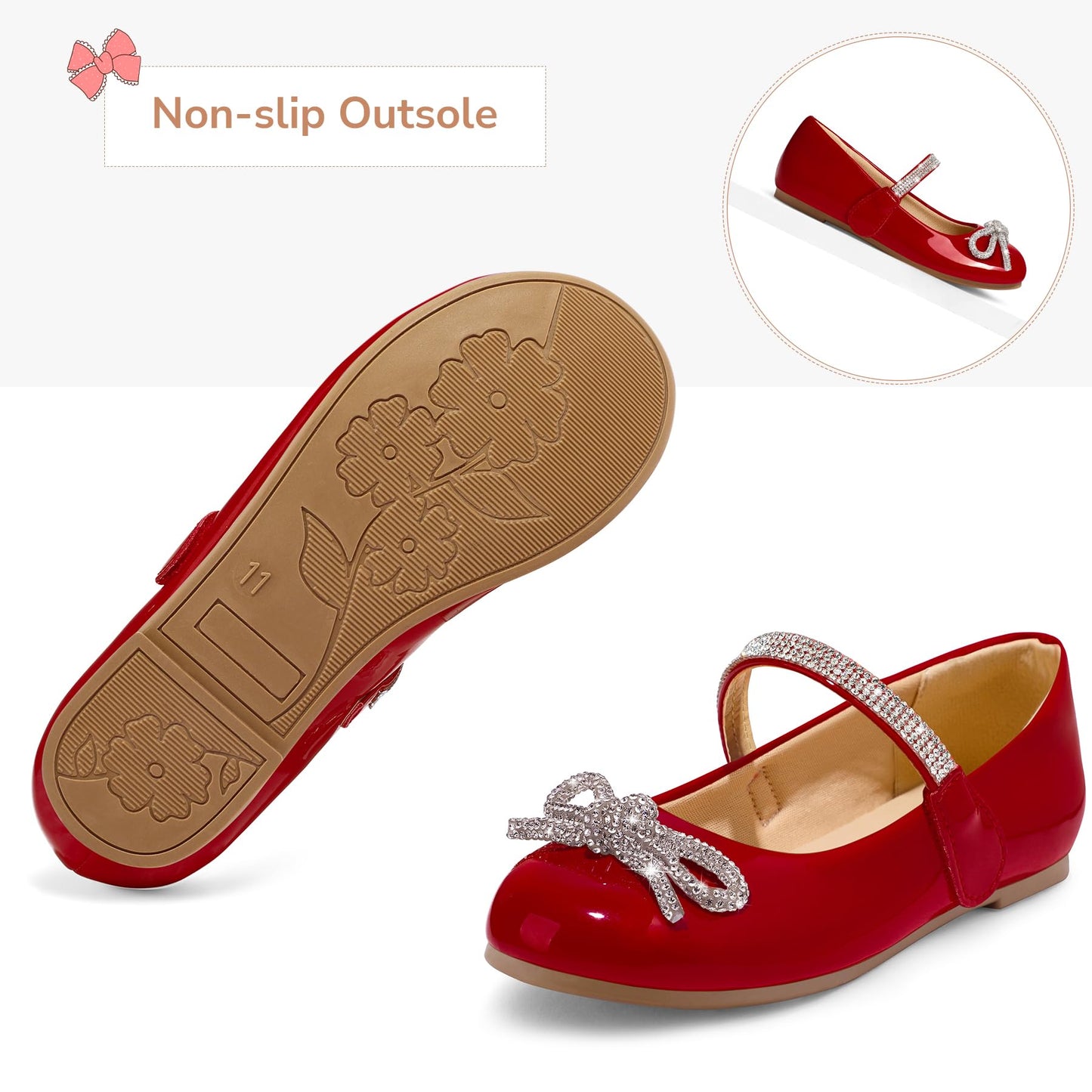 K KomForme Girl's Bow Mary Jane Dress Shoes Ballet Princess Flats with Rhinestone Strap for Party Wedding School, Toddler/Little Kid/Big Kid Red