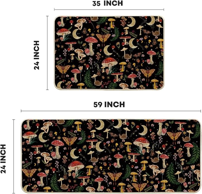 Artoid Mode Black Mushrooms Butterfly Spring Kitchen Mats Set of 2, Home Decor Low-Profile Kitchen Rugs for Floor - 24x35 and 24x59 Inch