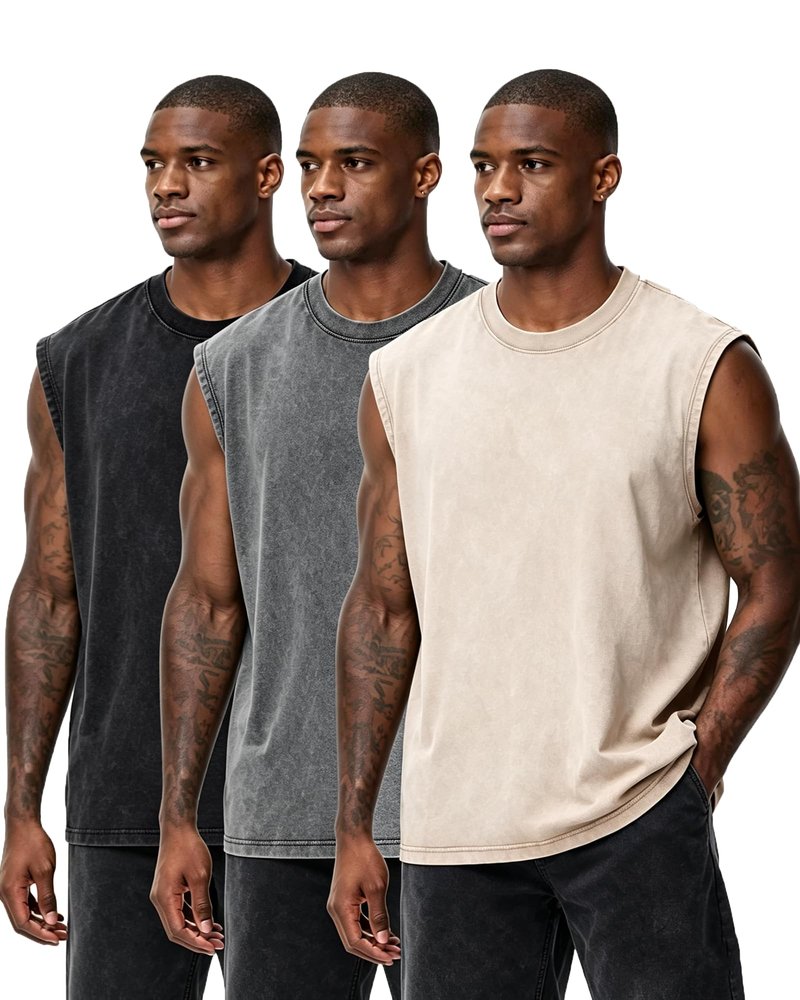 TinyChoice Men's 3-Pack Sleeveless Shirts Gym Muscle T-Shirts Acid Wash Workout Tees Cut Off Loose-Fit Athletic Tank Tops, Black Grey Off-White, XL