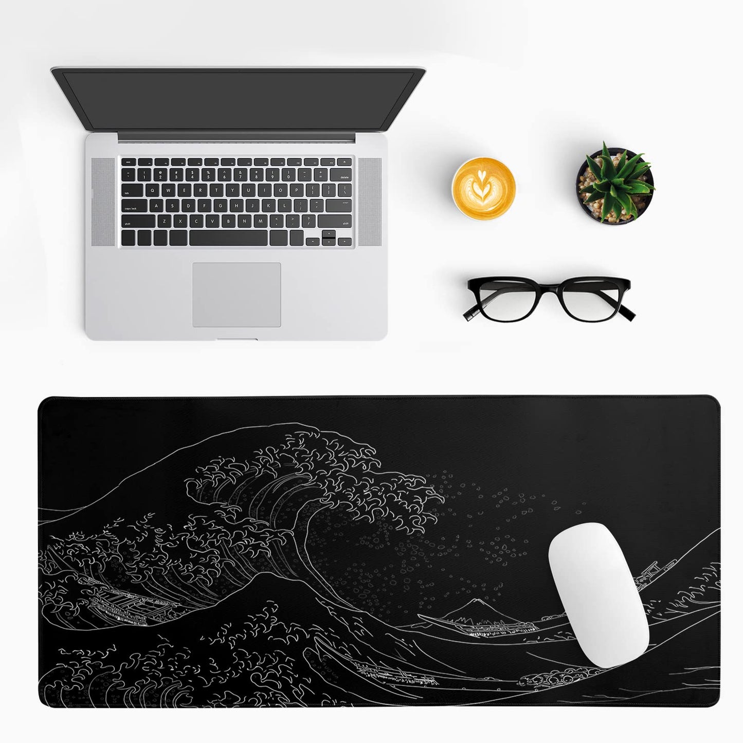 Brecoy Japanese Sea Wave Large Mouse Pad, Anime Black Gaming, Extended Kanagawa Mat Desk Pad, 3mm Thick Long Non-Slip Rubber Base Mice Pad, 31.5 X 11.8 Inch