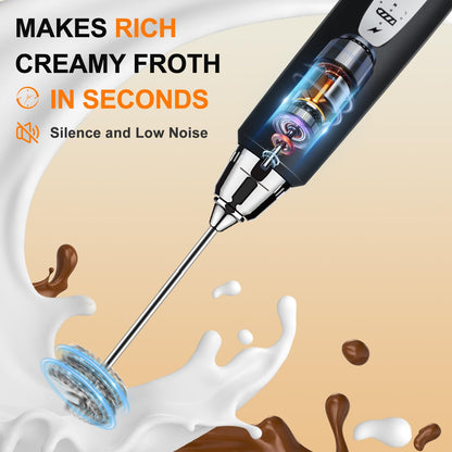 YUSWKO Black Handheld Milk Frother Wand for Coffee, Rechargeable Electric Whisk with 3 Heads 3 Speeds Drink Mixer Coffee Frother For Latte, Cappuccino, Hot Chocolate, Egg
