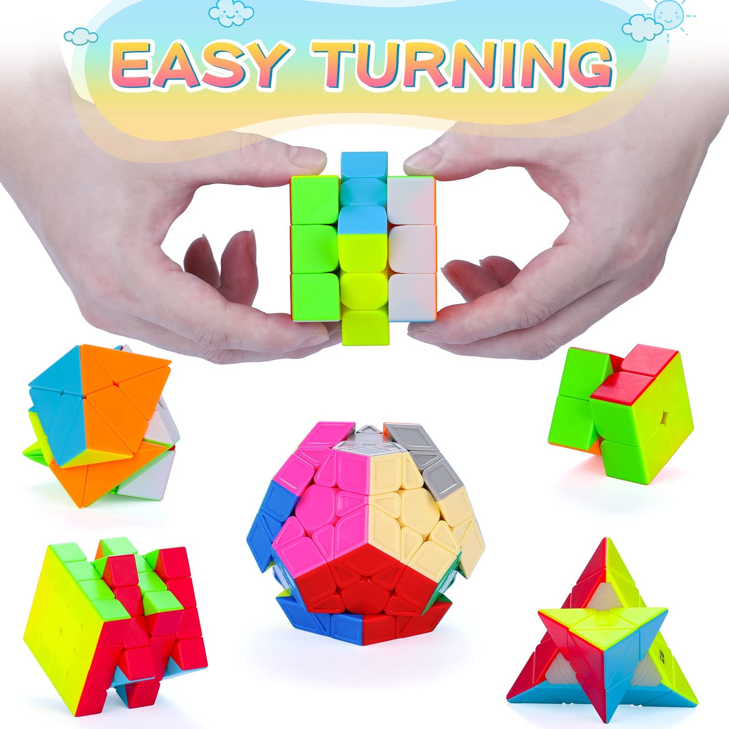 Coolzon Magic Cube Set, 6 Pack Speed Puzzles 2x2x2, 3x3x3, 4x4x4, Pyraminx, Megaminx, Skewb - Smooth, Stickerless Cubes for Kids & Adults