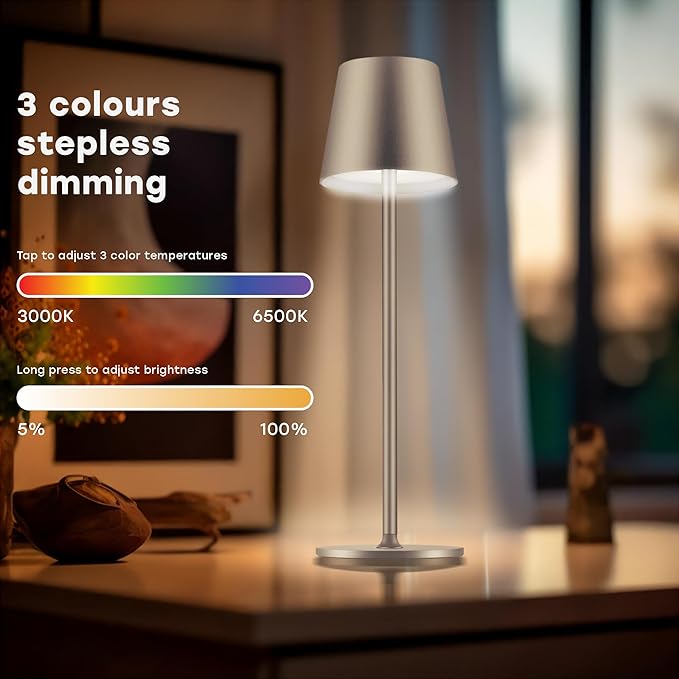 2 Pack Cordless Table Lamp,Portable LED Desk Lamp, 5200mAh Battery Operated, 3 Color Stepless Dimming Up, for Restaurant, Bedroom, Bars, Outdoor Party, Camping, Coffee Shop Night Light Brass