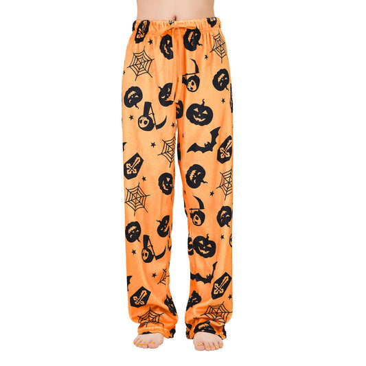 Halloween Pajama Pants Pumpkin Pj Pants Orange Flannel Pajama Bottoms for Women Skull Plush Lounge Sleep Pants Soft Comfy Sleepwear Orange Pumpkin L