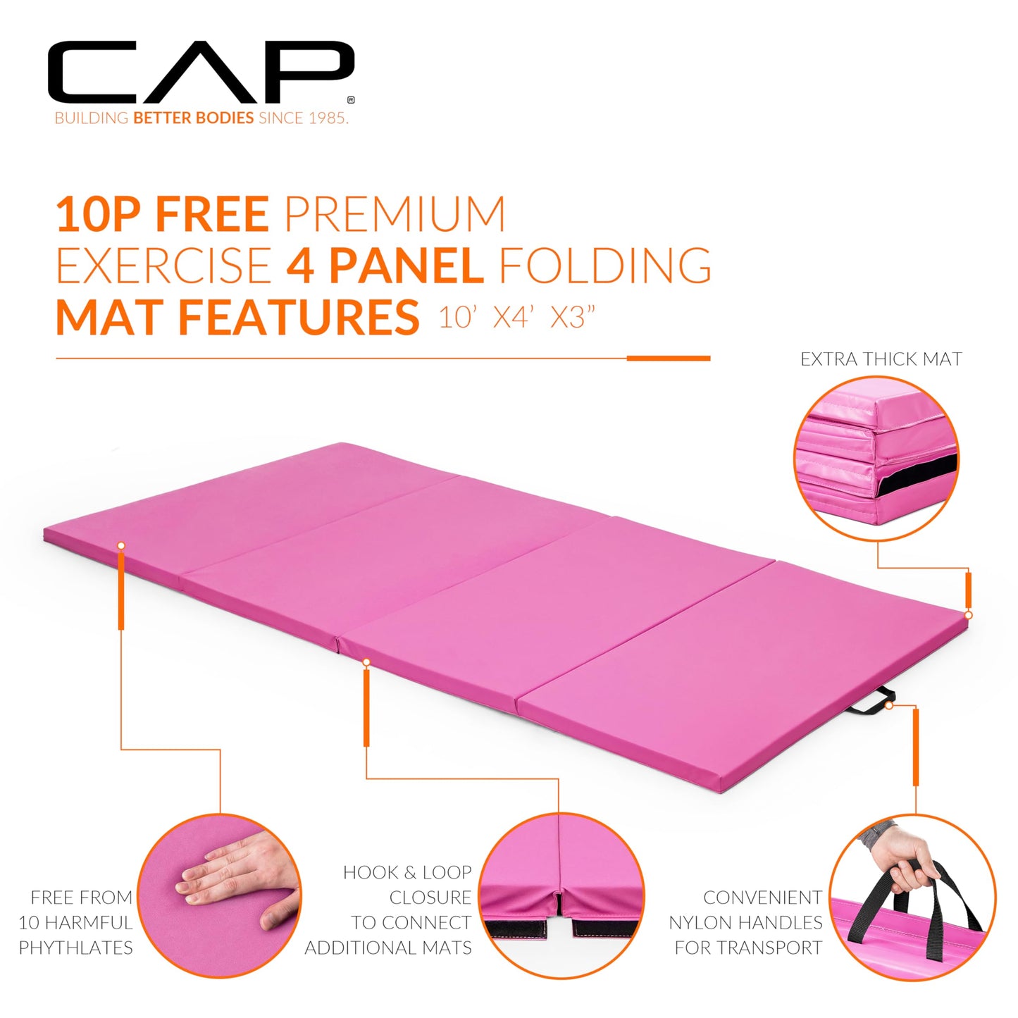CAP Barbell Folding Exercise Mat – Durable, Anti-Tear, Thick Padding for Fitness, Aerobics, Gymnastics & Home Workouts. 10' x 4' x 3" thick PINK
