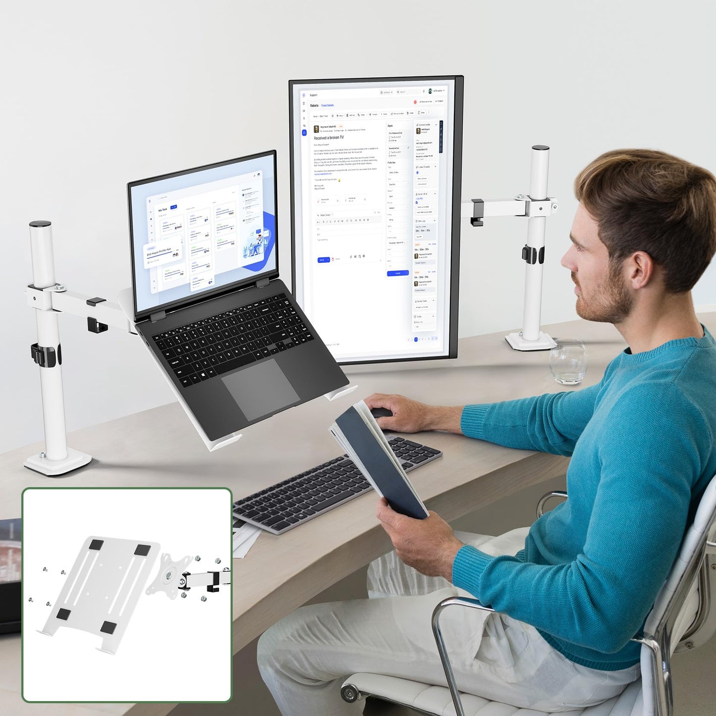 Laptop Desk Mount, Single Laptop Stand Arm with Vented Tray for 17 inch Notebook or 14”-32” Monitor, Holds up to 17.6 lbs, Fully Adjustable, Clamp/Grommet Mounting, VESA 75/100mm