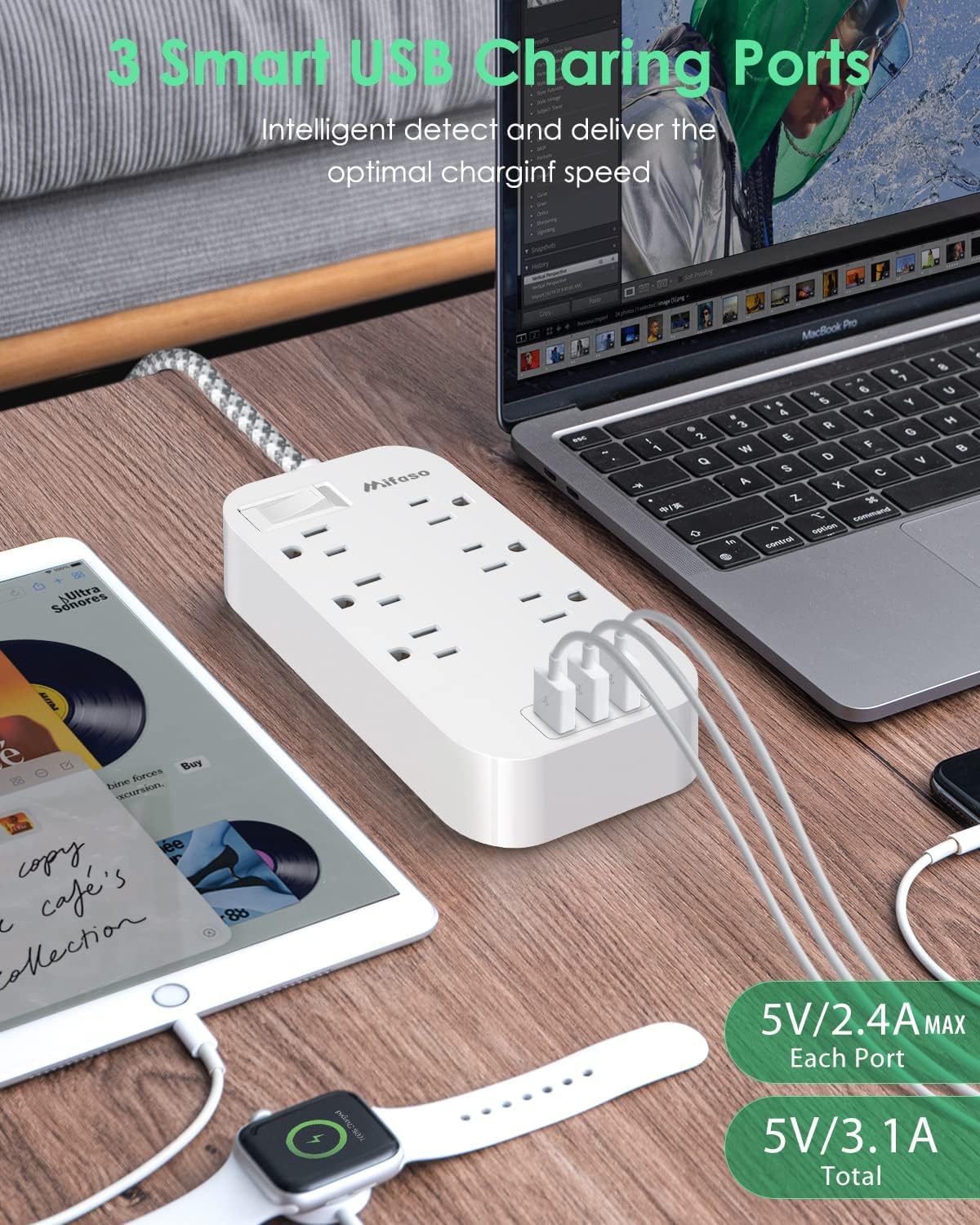 Power Strip - 10 FT Long Flat Plug Extension Cord, 6 Outlets 2 USB A 2 USB C Ports Outlet Extender with Overload Protection, Wall Mount, Desktop Charging Station for Home, Office and Dorm Essential