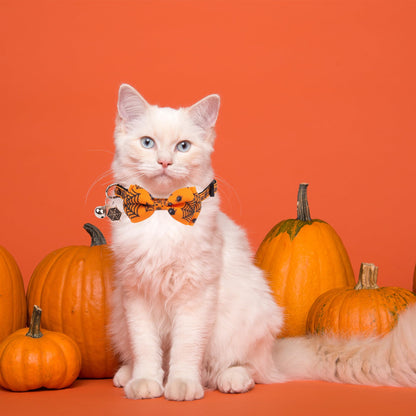 ADOGGYGO Halloween Cat Collars with Bow Bell, Breakaway Kitten Bowtie Collar Spider Web Skull Halloween Collars for Girl Boy Cats Kittens