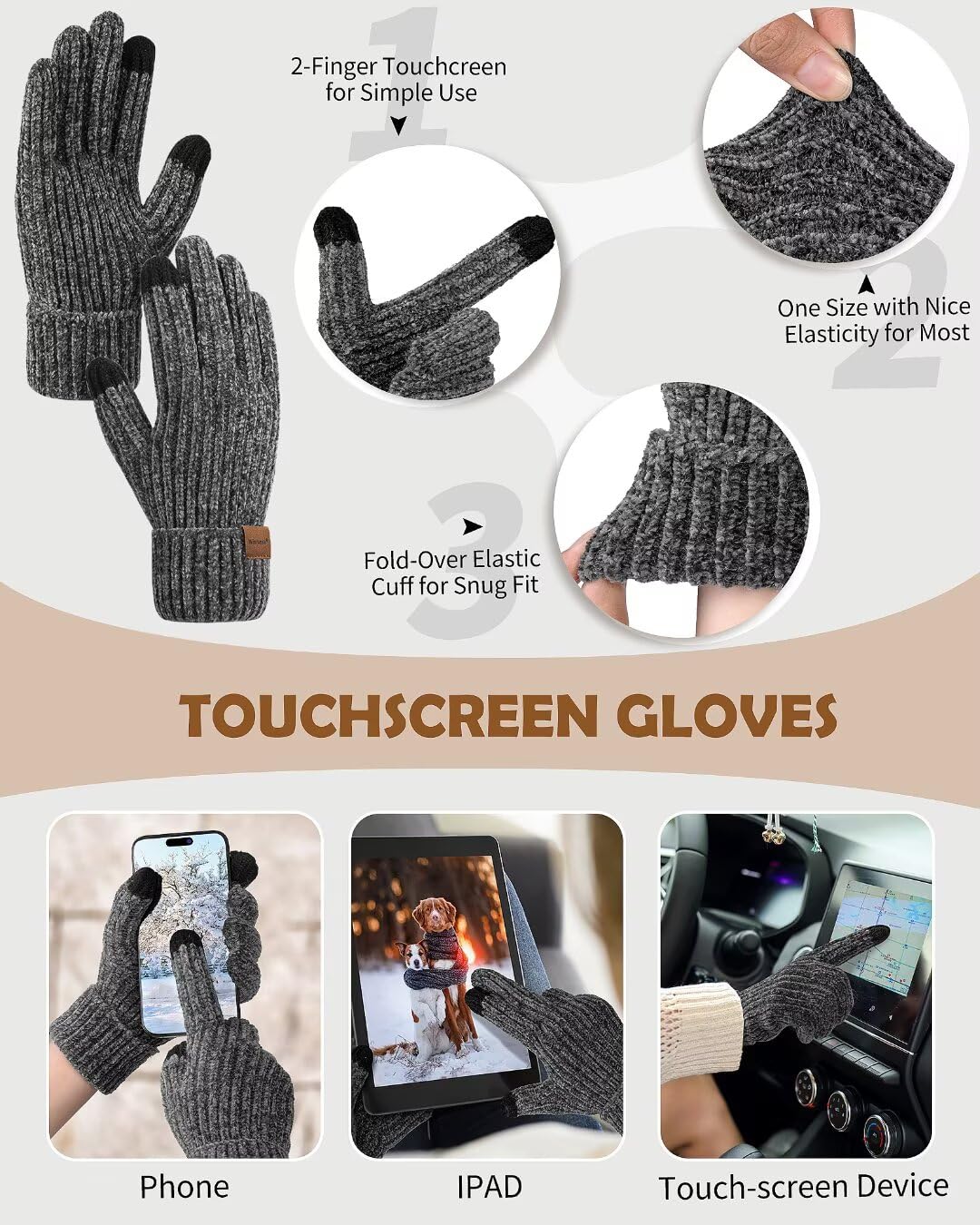 Women Beanie Scarf Gloves Headband Set for Winter, Chenille Beanie Hats Ear Warmer with Fleece Lined Knit Scarf Touchscreen Gloves, 4 In 1 Warm Xmas Gift Set Stocking Stuffers for Women-Gray