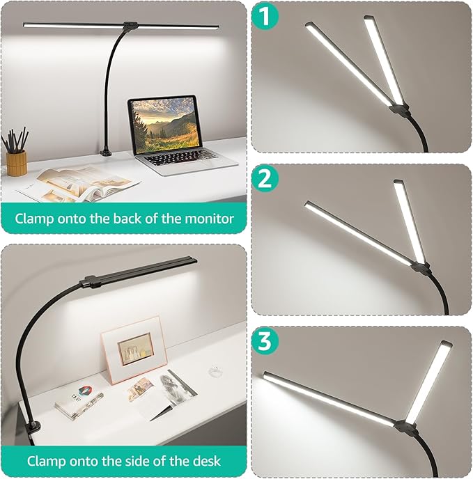 ShineTech LED Desk Lamp for Home Office, 4000K Neutral White Double Head Architect Task Lamps with Clamp, Dimmable Adjustable Flexible Gooseneck,Black