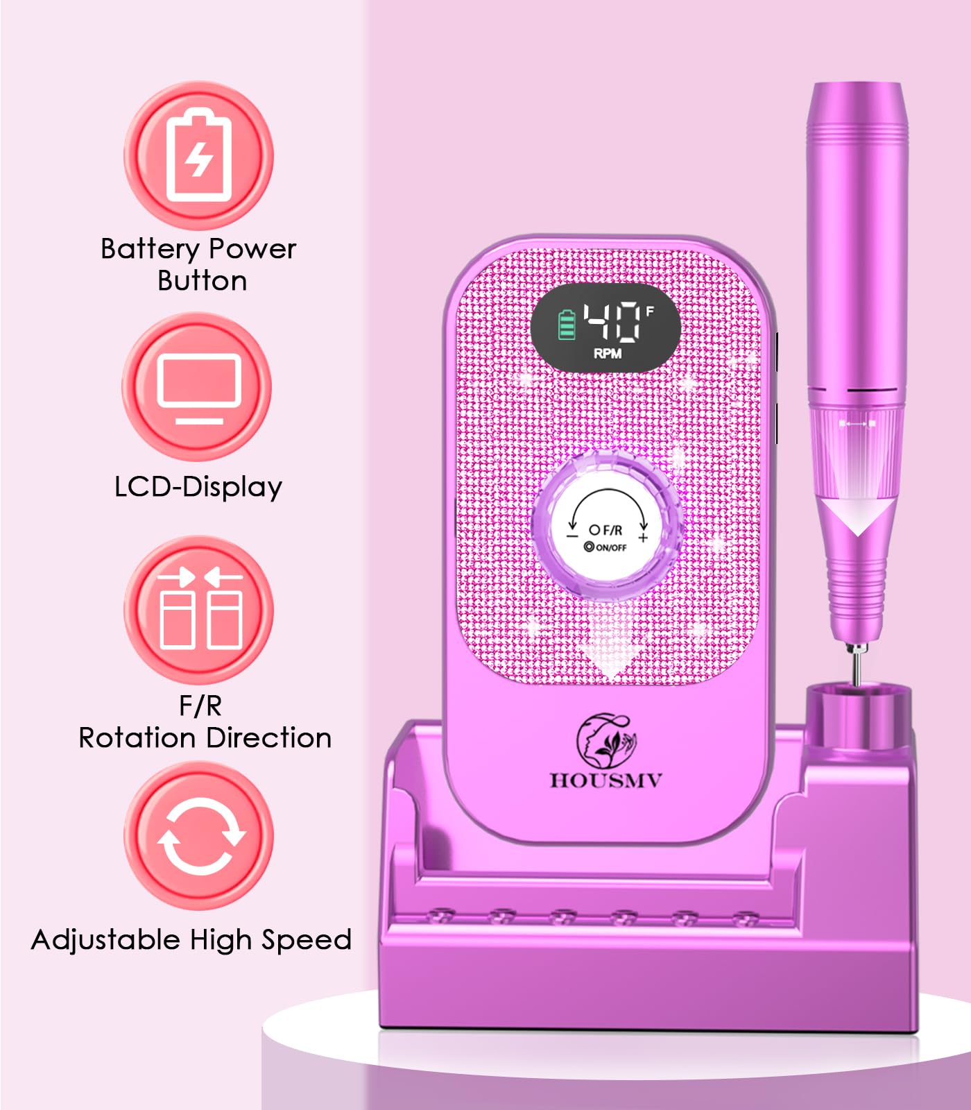 Portable Nail Drill Electric File: 40000RPM Professional Rechargeable Nail E-File Machine, Cordless Nail Drill with Bits & Base for Acrylic Nails Remove Nail Gel Polish Manicure for Salon Home, White