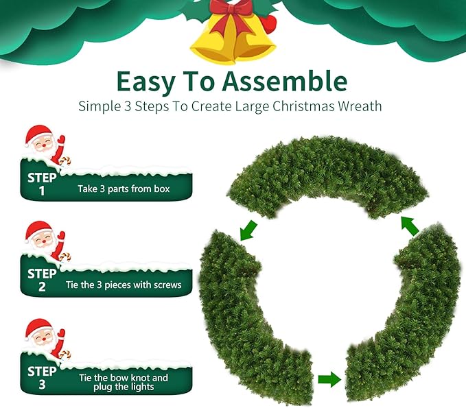 48in Prelit Christmas Wreath - Large Outdoor Christmas Wreath with Lighted Red Christmas Bow, Metal Hook, 714 Branch Tips & 250 Multicolor LED Lights for Front Door Window Holidy Decor