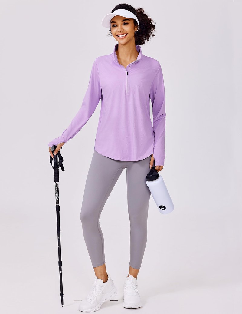 PINSPARK Women Long Sleeve Shirts Sun Protection Half Zip Hiking Clothes Lightweight Athletic Tops Moisture Wicking Running Shirts with Thumb Hole,Purple M