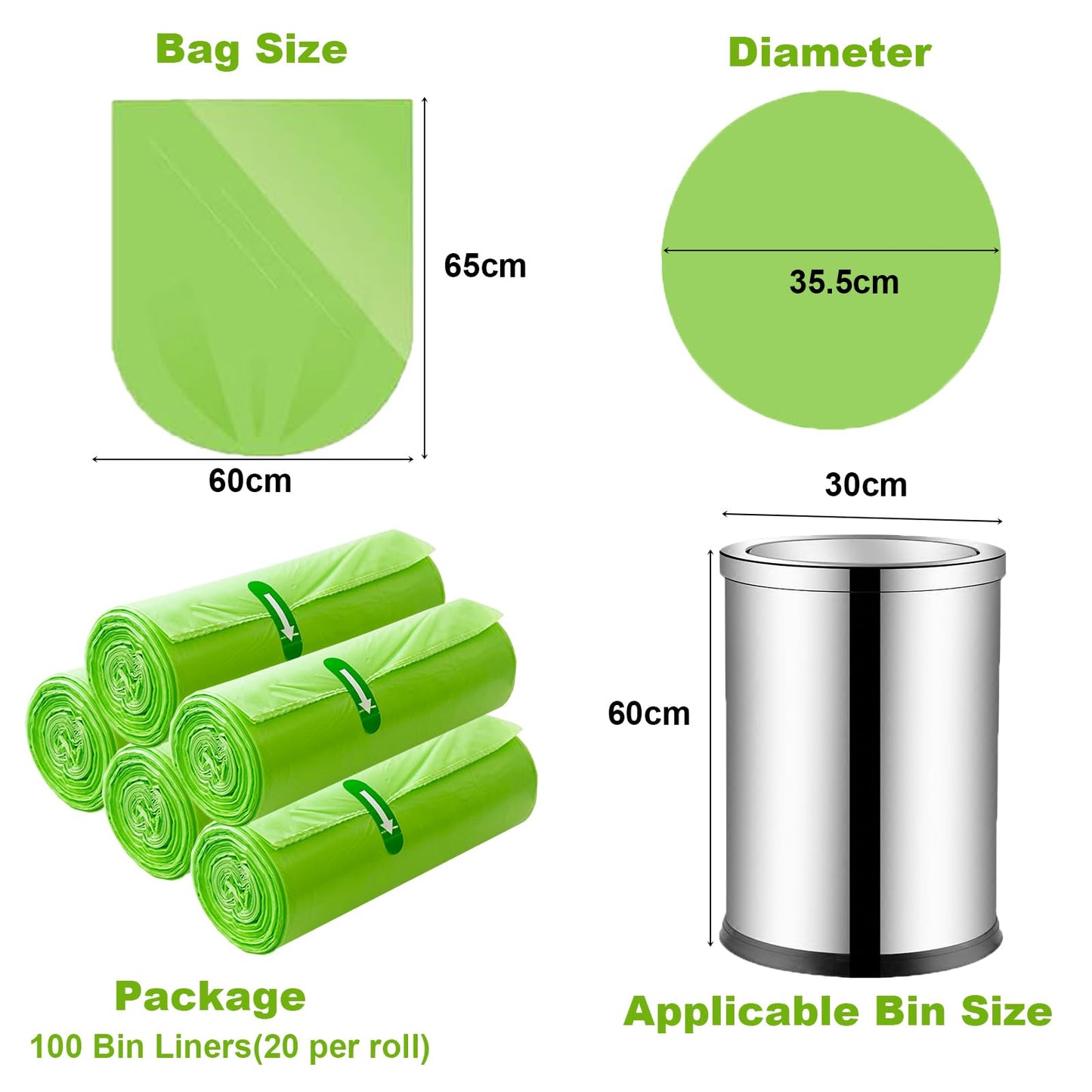 30 Litre Bin Liners 100 Bags, Biodegradable Food Waste Garbage Bags, 30L Strong Compostable Trash Caddy Liners, Recycling Degradable Rubbish Bag for Kitchen Bathroom Garden Office, Green, 60 x 65cm