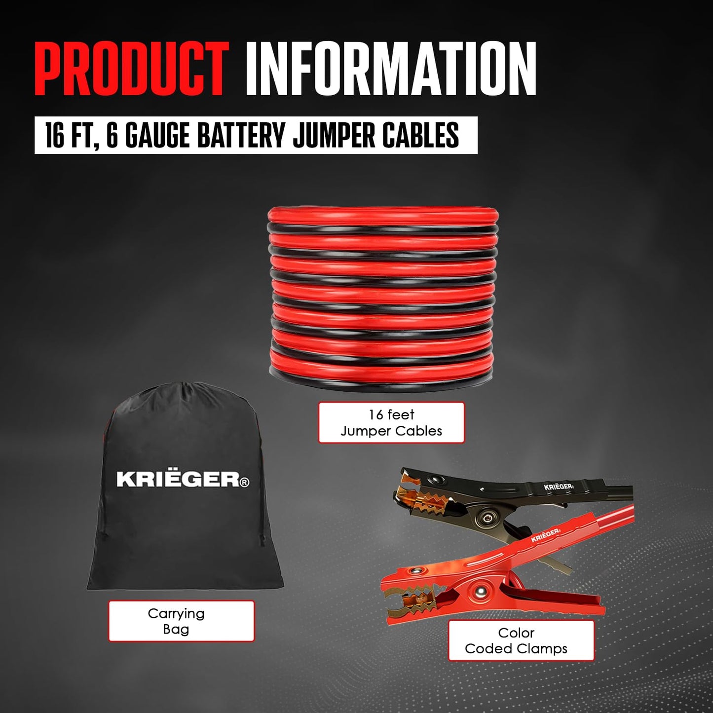 K KRIËGER Jumper Cables for Car Battery, Heavy Duty Automotive Booster Cables for Jump Starting Dead or Weak Batteries with Carrying Bag Included (16-Feet (6-Gauge)