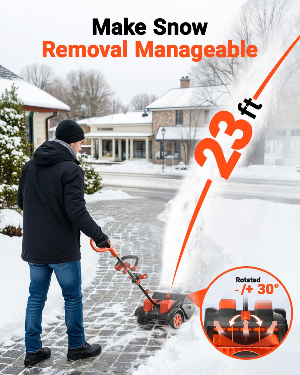 VOLTASK Cordless Snow Shovel with Wheels, 48V | 16-Inch | 4-Ah Brushless Cordless Snow Blower, Battery Snow Blower with Directional Plate & LED Lights (2 * 24V Battery & Dual Quick Charger Included)