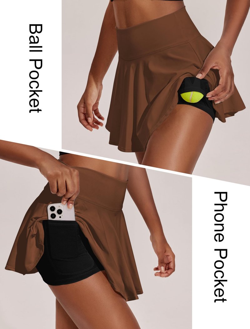 PINSPARK Tennis Skirts for Women Pleated Solid Athletic Skorts with Shorts Underneath 14" Pickleball Skirt, Brown Large