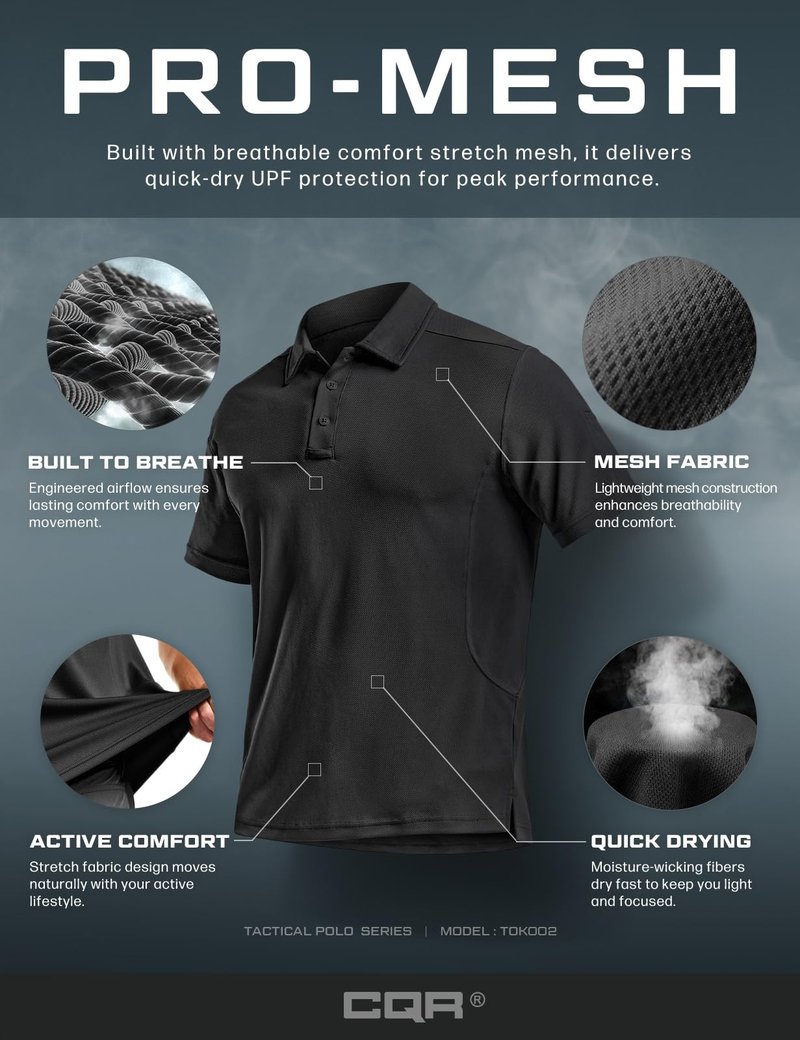 CQR Men's Quick Dry Tactical Polo Shirt, Lightweight Breathable Performance Polo, Short Sleeve UPF 50+ Outdoor Golf Shirt, Frost Essential Black, X-Large