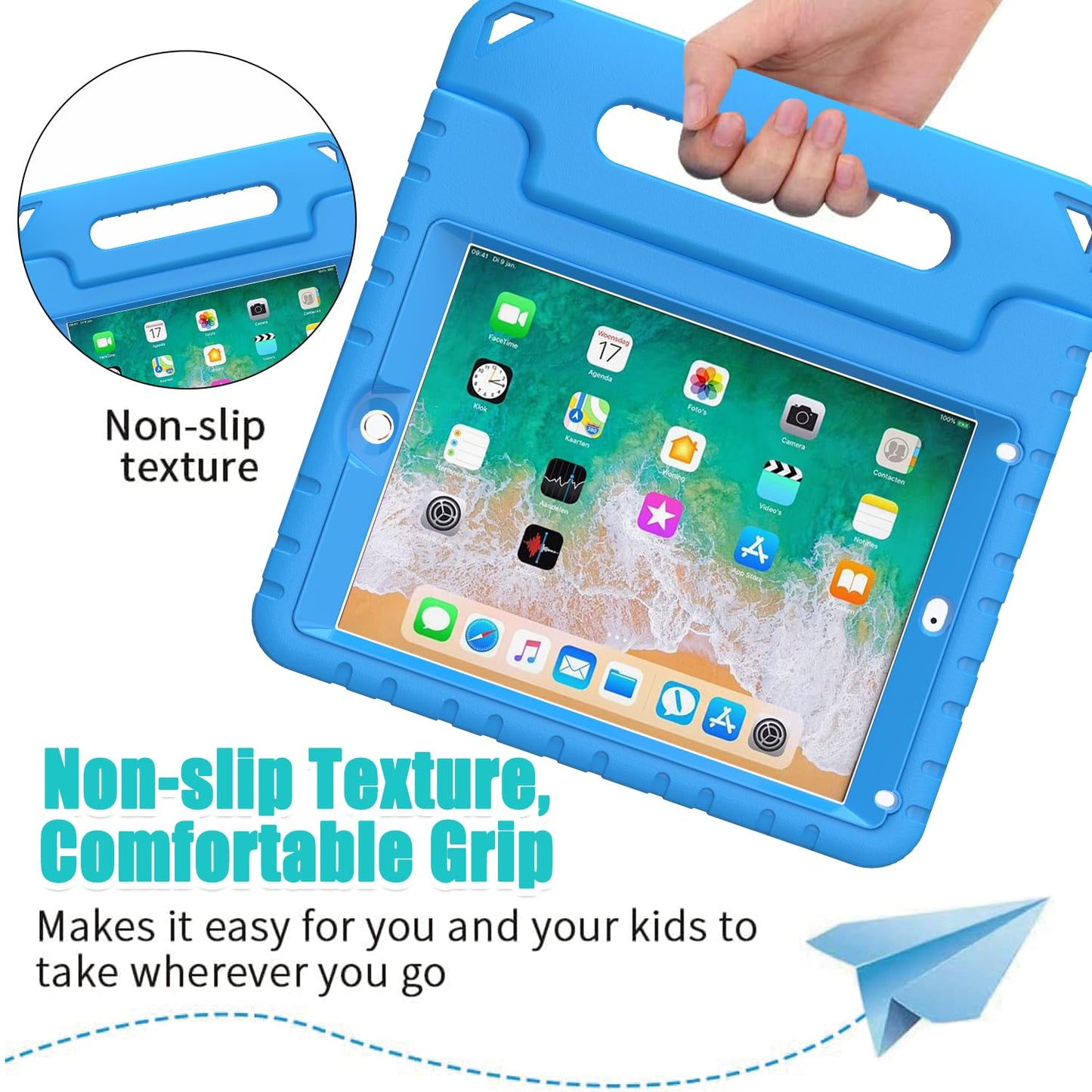 Surom Kids Case with Screen Protector for iPad 9.7 Inch 2018/2017, Shockproof Convertible Handle Stand Case for iPad 9.7 2017/2018 (iPad 5th and 6th Generation),iPad Air 2, Blue