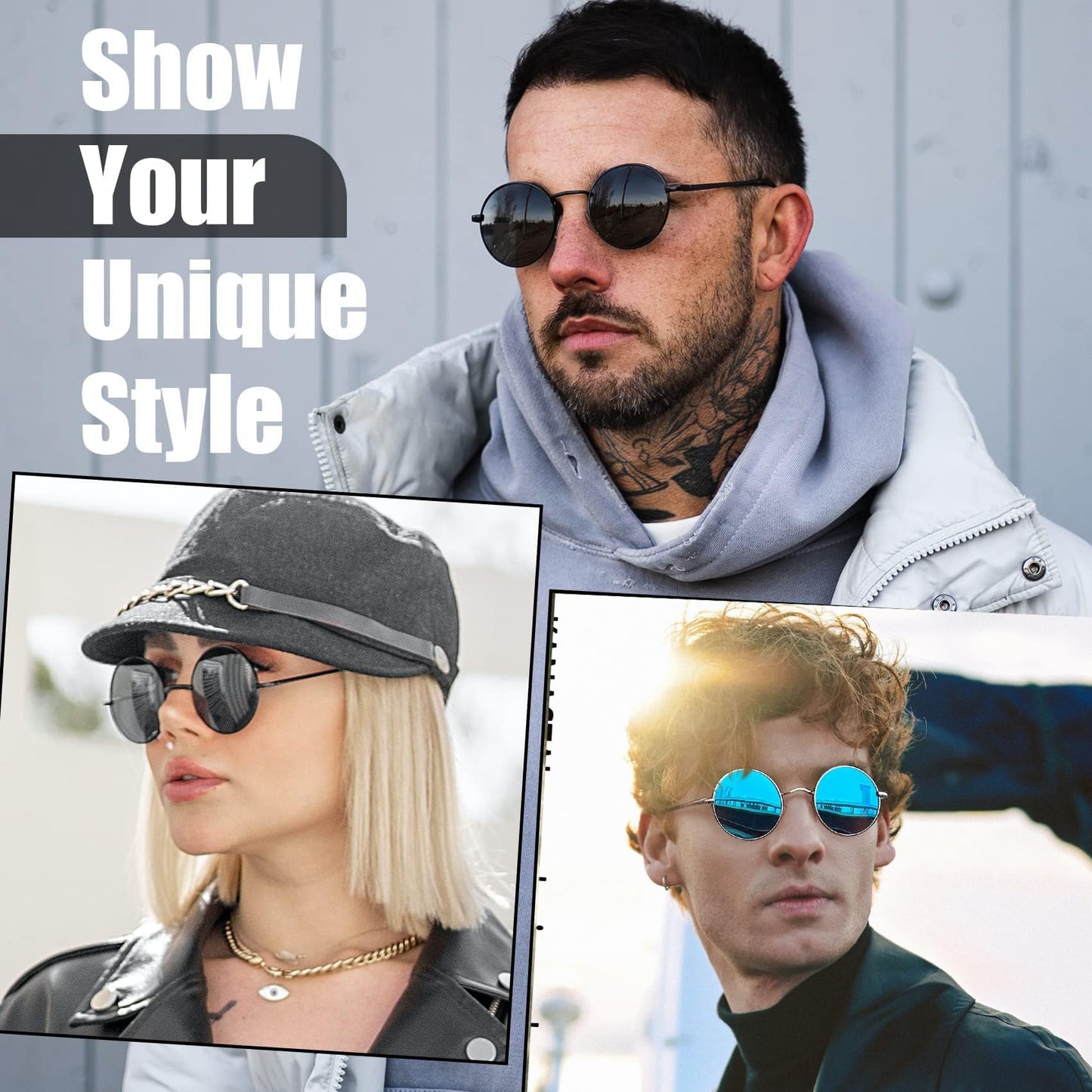KANASTAL Mirror Round Sunglasses Mens Blue Polarised Hippie Style Vintage Circle Womens Mirrored UV Small - Black Frame Black Lens + Metal Frame Blue Lens