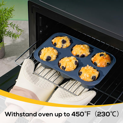 2 Pack Deep and Jumbo Muffin Tray 6 Cup Large Silicone Muffins Pan, Non-Stick Giant Cupcake Tin, Silicon Mould Bakeware, Baking Case for Yorkshire Pudding, Bun, Cupcakes, 27.8 x 19 x 5 cm (Grey)