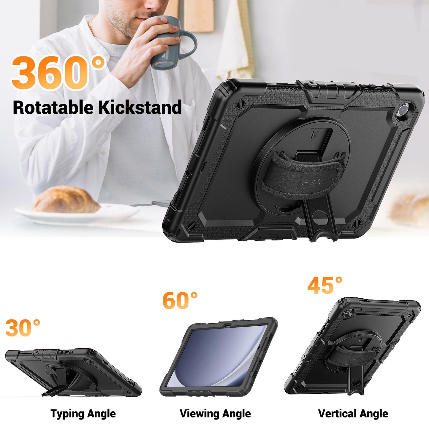 SEYMAC Case for Samsung Galaxy Tab A9 Plus 11 inch 2023, Shockproof Protective Galaxy A9 Plus Tablet Case With Screen Protector/Hand Strap/Rotating Stand,SM-X210/SM-X216/SM-X218 Case, Black
