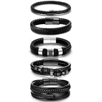 LOWNOUR Black Leather Bracelets for Men Women 5pcs Mens Bracelet Leather and Steel Braided Cuff Bracelets (7.5inch)
