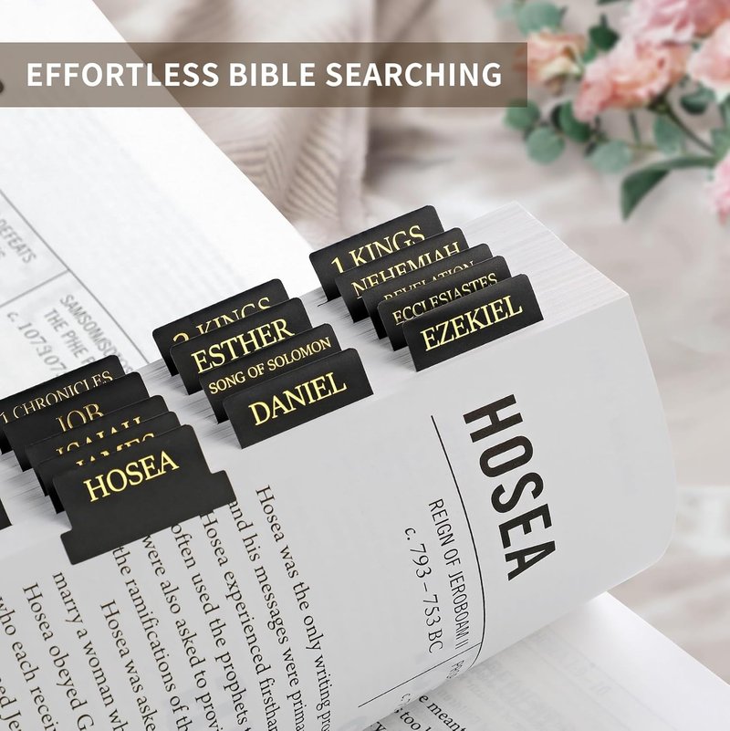 Bible Tabs for Easy Navigation | Large Print Index Tabs for Study Bibles - 66 Tabs + 9 Blank Tabs - Black