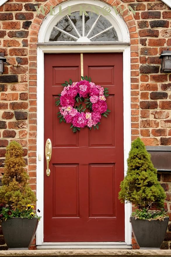 Wreaths for Front Door, WELL KNOWN Flowering Fall Wreath for Front Door, Silk Peony Wreath as Front Door Decor, Hot Pink Wall Hanging Home Party Wedding Shop Hotel Office Decor Gift