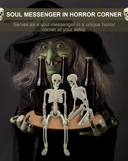 5 Pack Posable Skeleton Halloween Decorations, 16in Halloween Skeleton Decor- Full Body Movable Joints with 22 Spiders & Cobweb, Outdoor/Indoor Scary Party Graveyard Props Hanging Skeletons