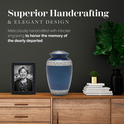 Eternal Harmony Cremation Urn for Human Ashes | Memorial Urn Carefully Handcrafted with Elegant Finishes to Honor and Remember Your Loved One | Adult Urn Large Size with Beautiful Velvet Bag (Blue)