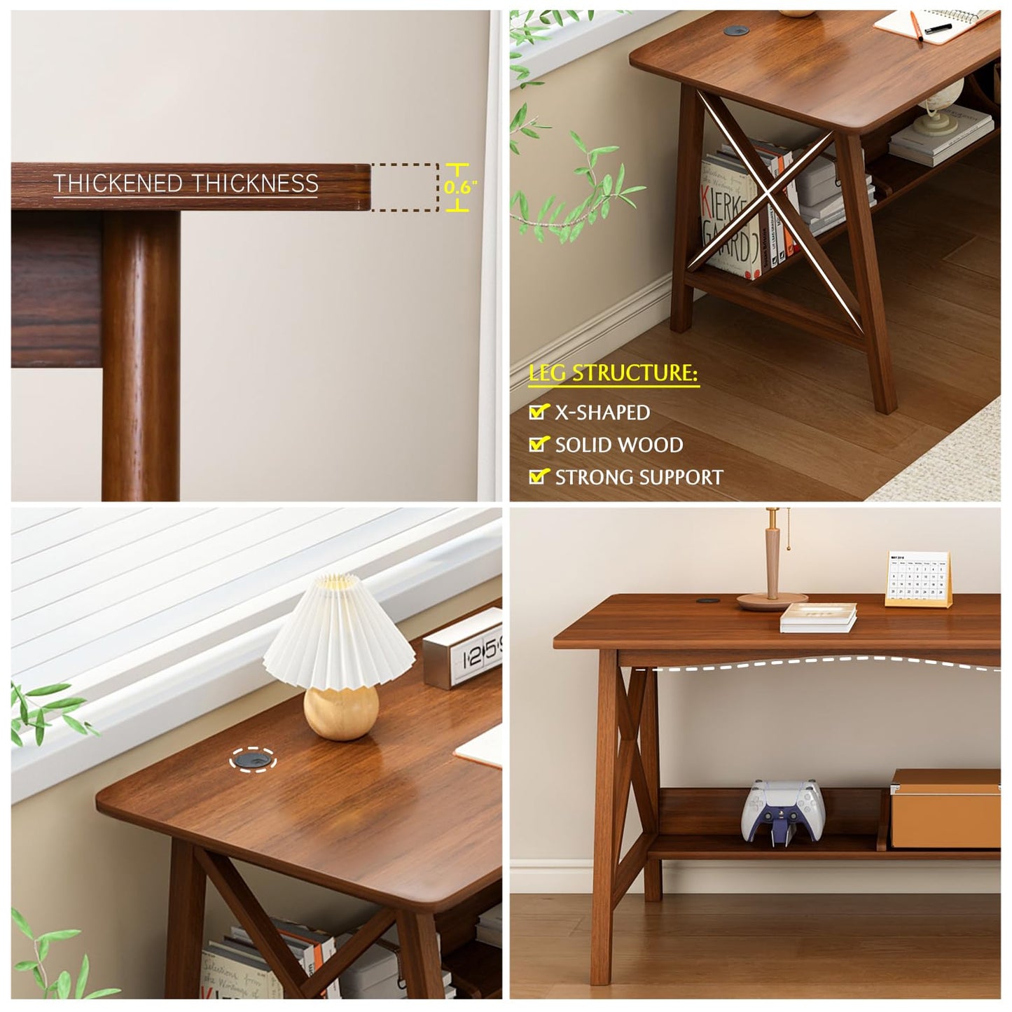NELYE Extra Long Desk with Bookshelf - Wooden Home Office Work Study Table, 2-Person Writing Computer Workstation with Storage Shelf in Oak, 63" Wx24 Dx30 H