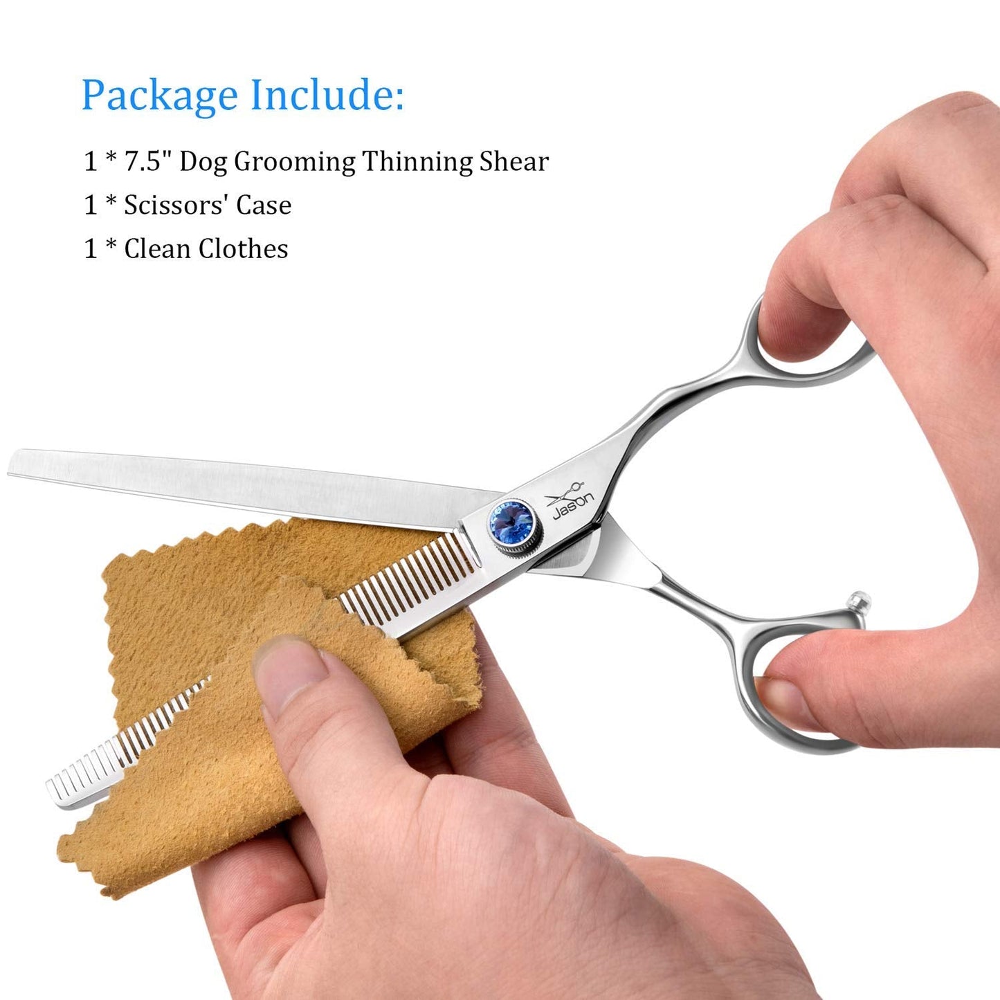 JASON 7.5" 56 Teeth Blending Dogs Grooming Scissors Cats Thinning Shears Pets Blender Thinner Trimming Texturizing Kit with Offset Handle Blue Jewelled Screw